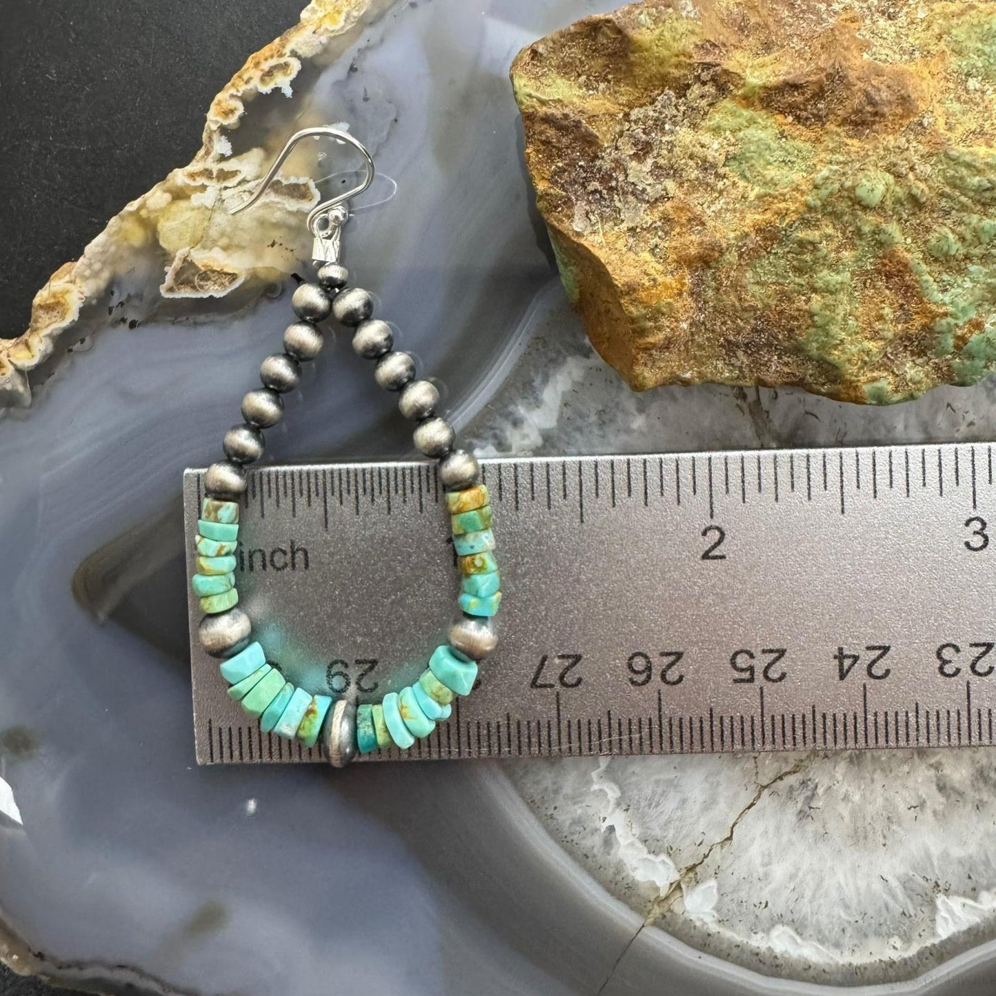 Sterling 4-6mm Navajo Pearl Southwester Style & 5mm Turquoise Bead Hoop Earrings For Women