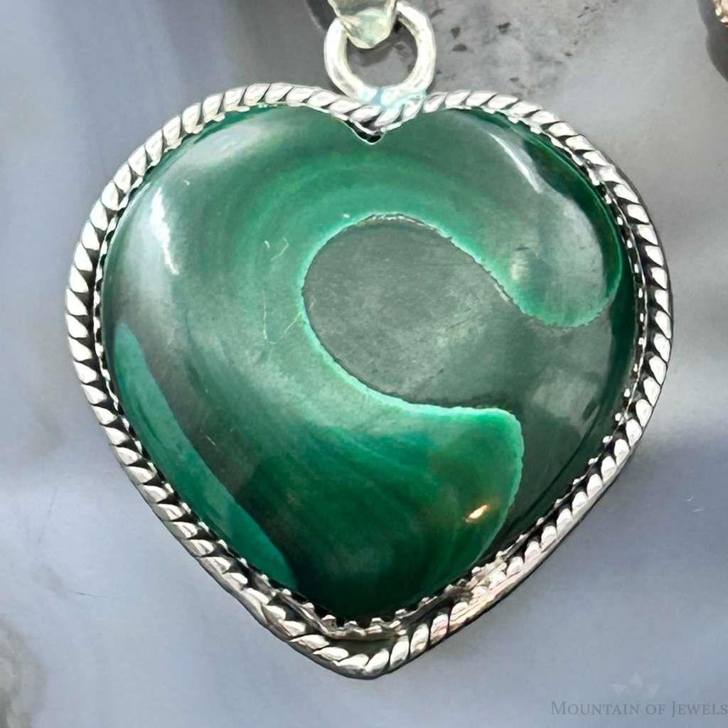 Sterling Silver Southwestern Style Malachite Heart Decorated Pendant For Women