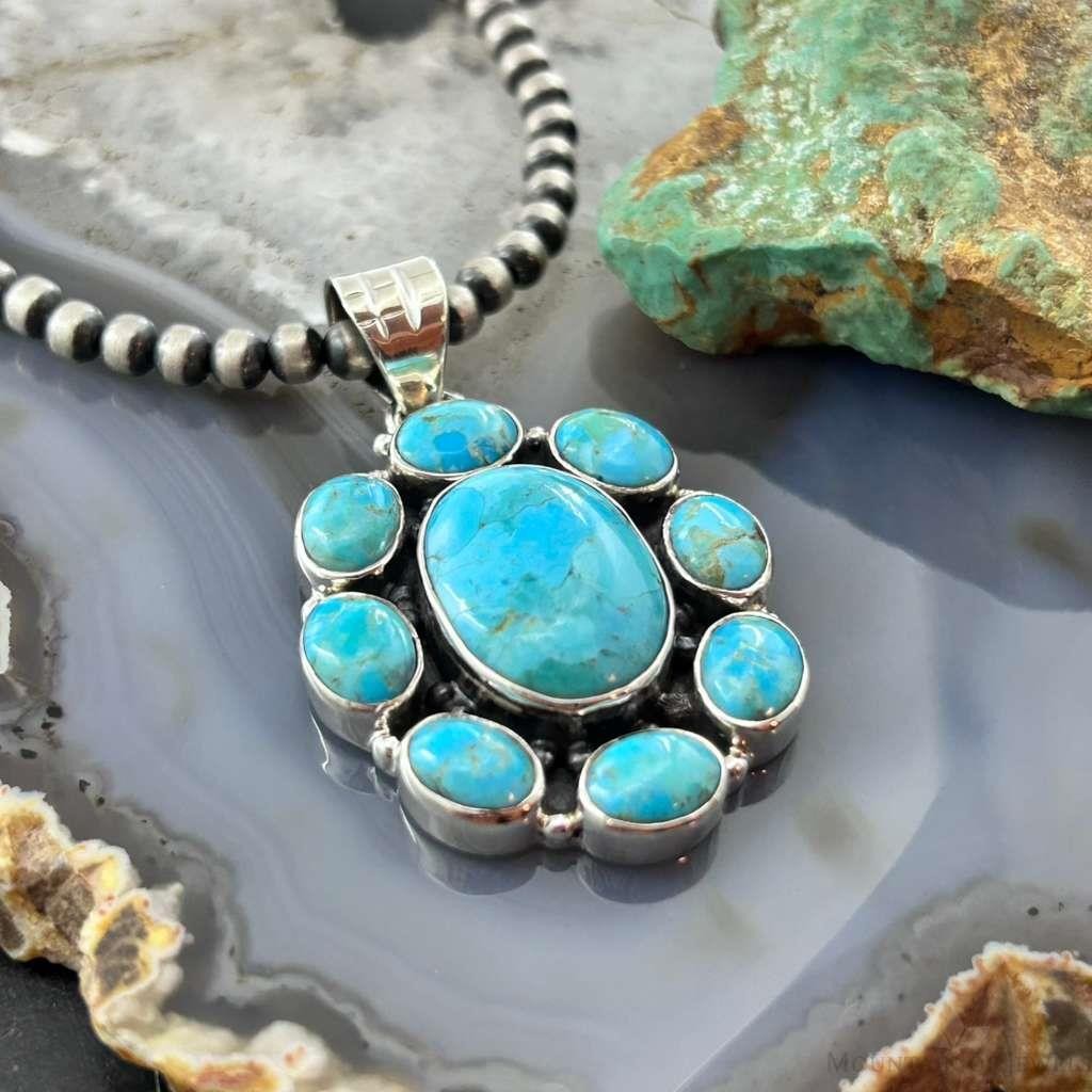 Sterling Silver Southwestern Style Mohave Turquoise Cluster Pendant For Women #1
