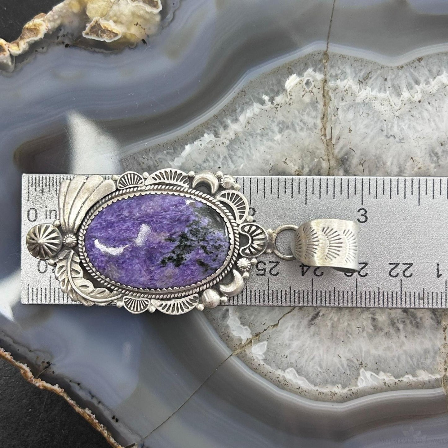 Sterling Silver Southwestern Style Oval Charoite Decorated Pendant For Women