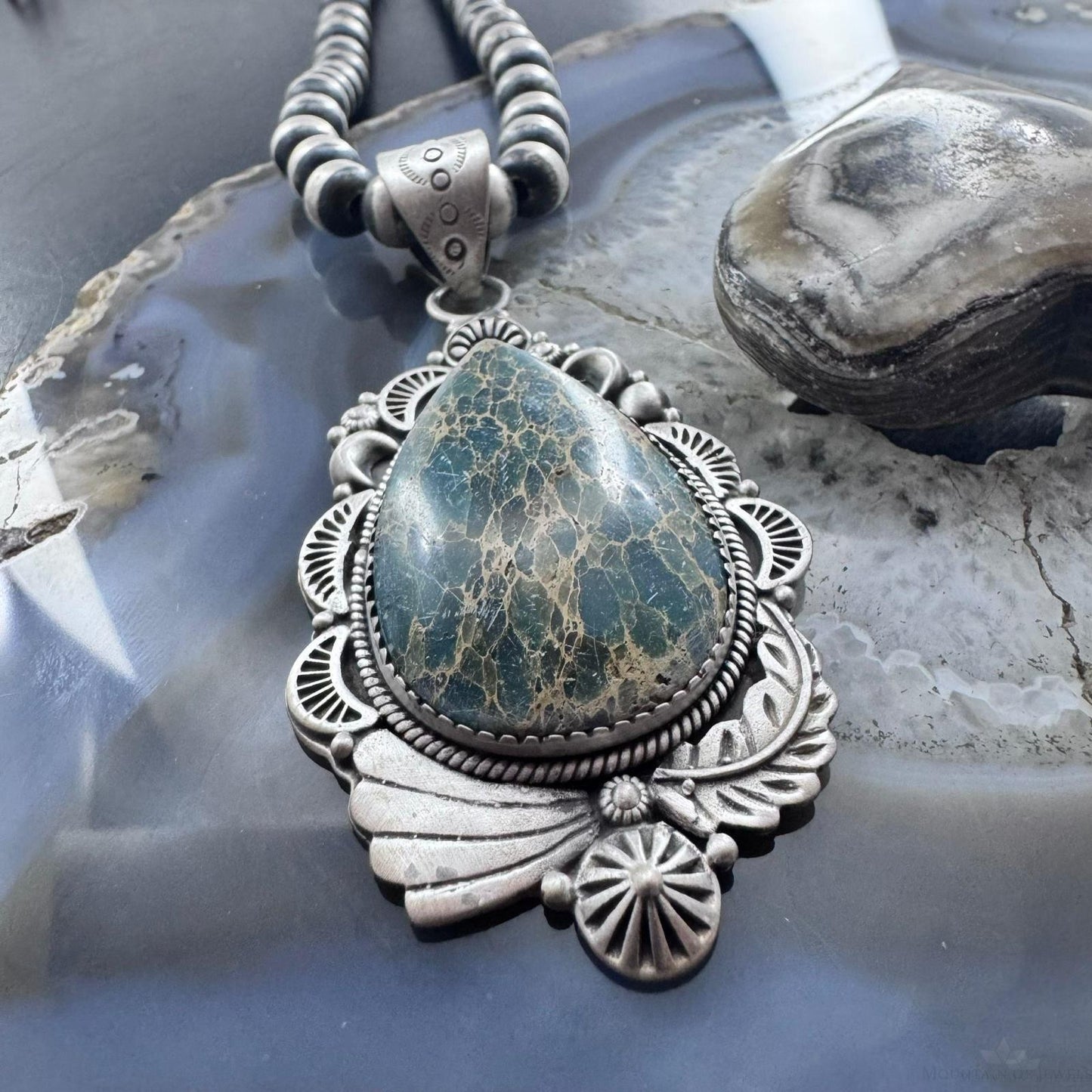 Sterling Silver Southwestern Style Teardrop Sediment Jasper Flower Decorated Pendant For Women