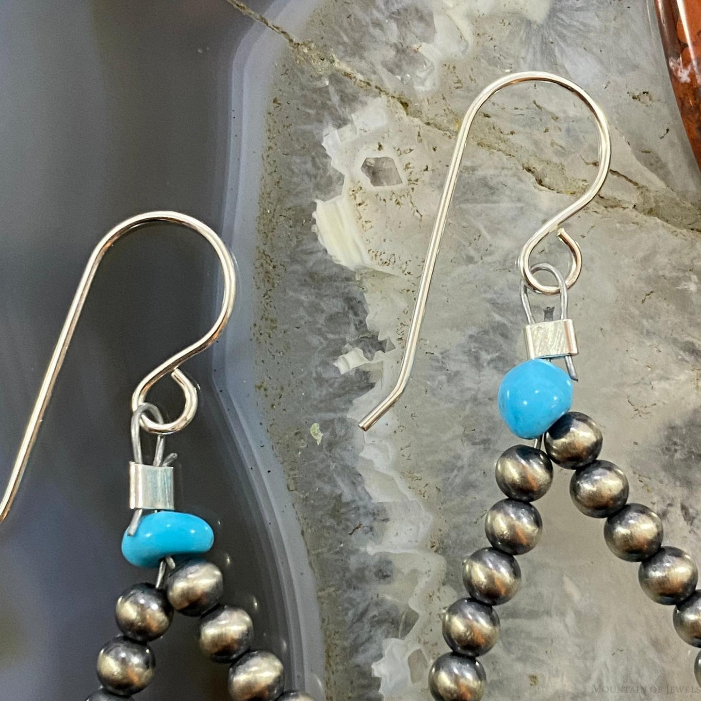 Navajo Pearl Beads 3mm & Turquoise Sterling Silver Teardrop Hoop Earrings