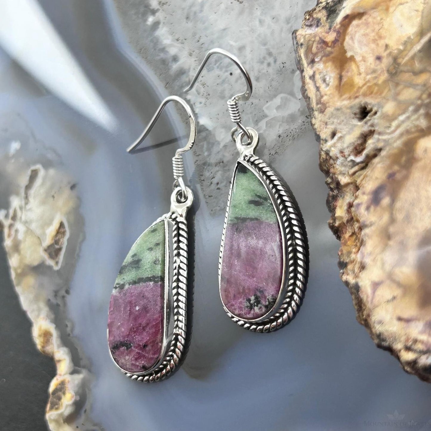 Sterling Silver Southwestern Style Paisley Ruby Zoisite Dangle Earrings For Women