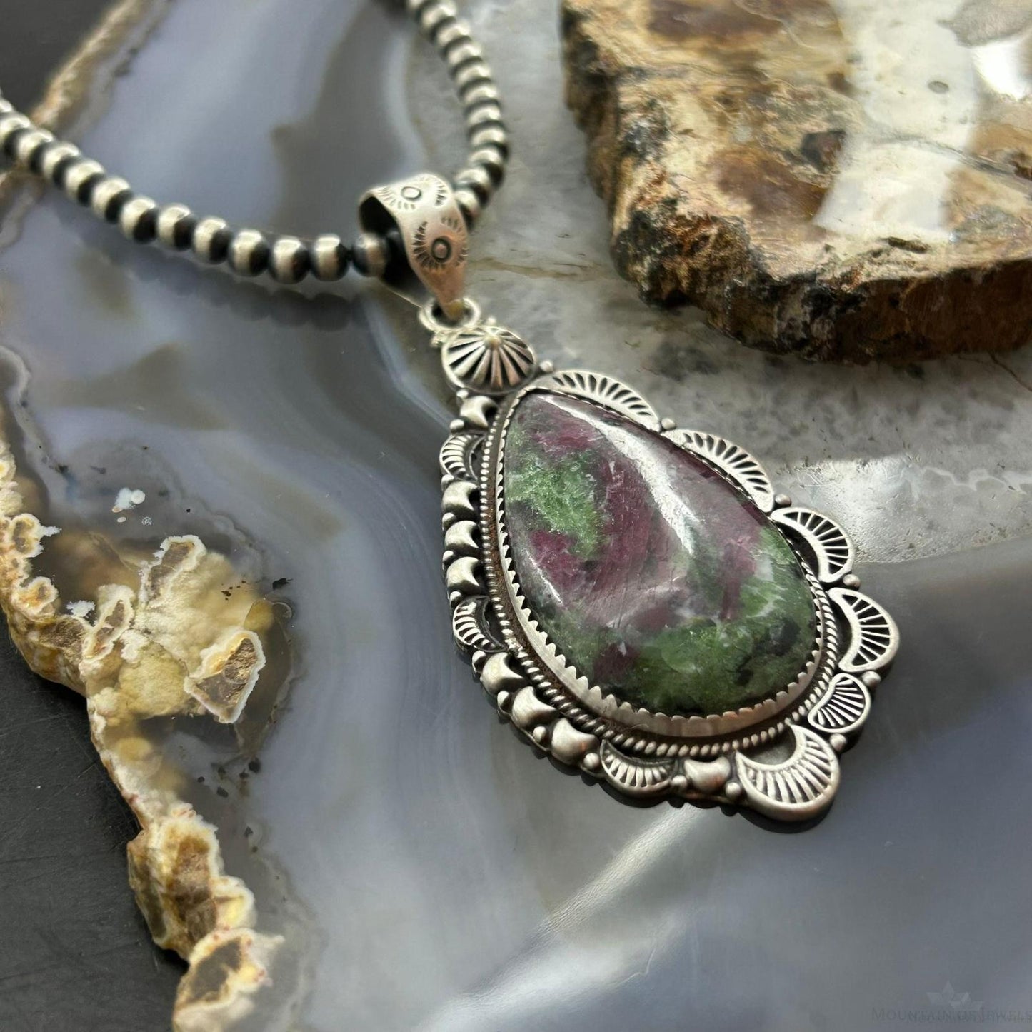 Sterling Silver Southwestern Style Teardrop Ruby Zoisite Decorated Pendant For Women