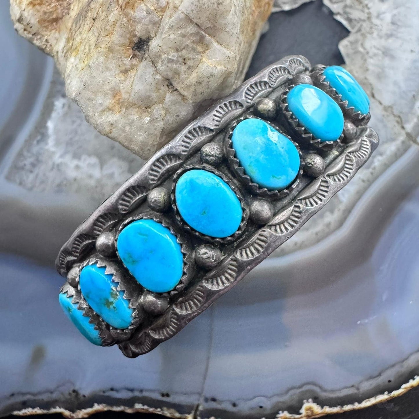 Tim Yazzie Vintage Native American Sterling Silver Turquoise Row Bracelet For Women