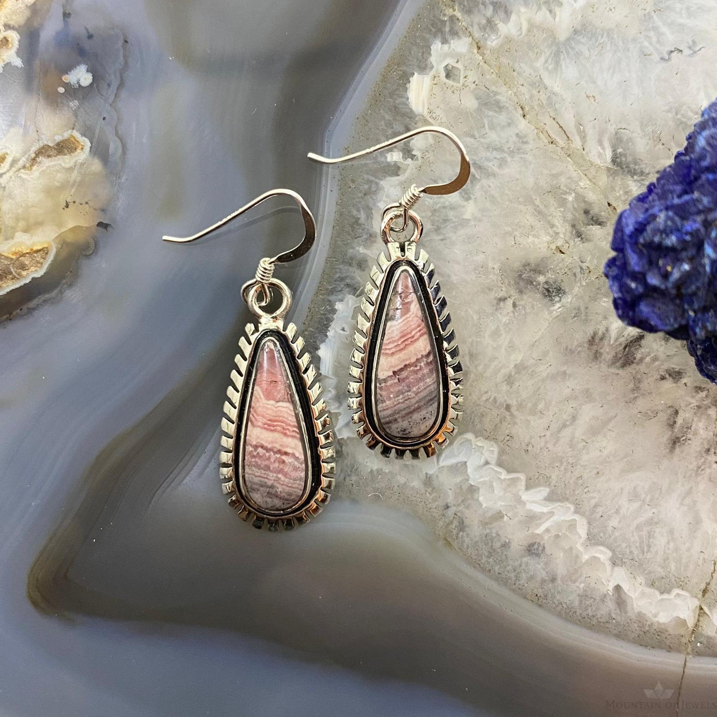 Native American Sterling Silver Teardrop Rhodochrosite Dangle Earrings For Women