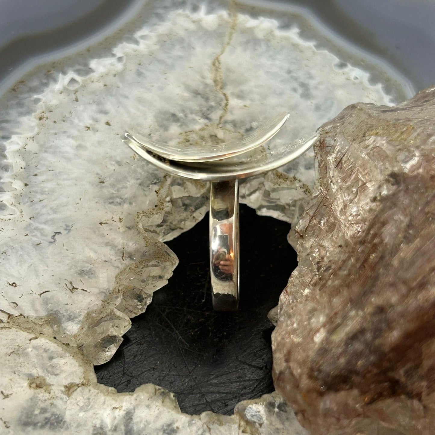 Sterling Silver Smooth & Hammered Stacked Round Ring For Women, Taxco Mexico