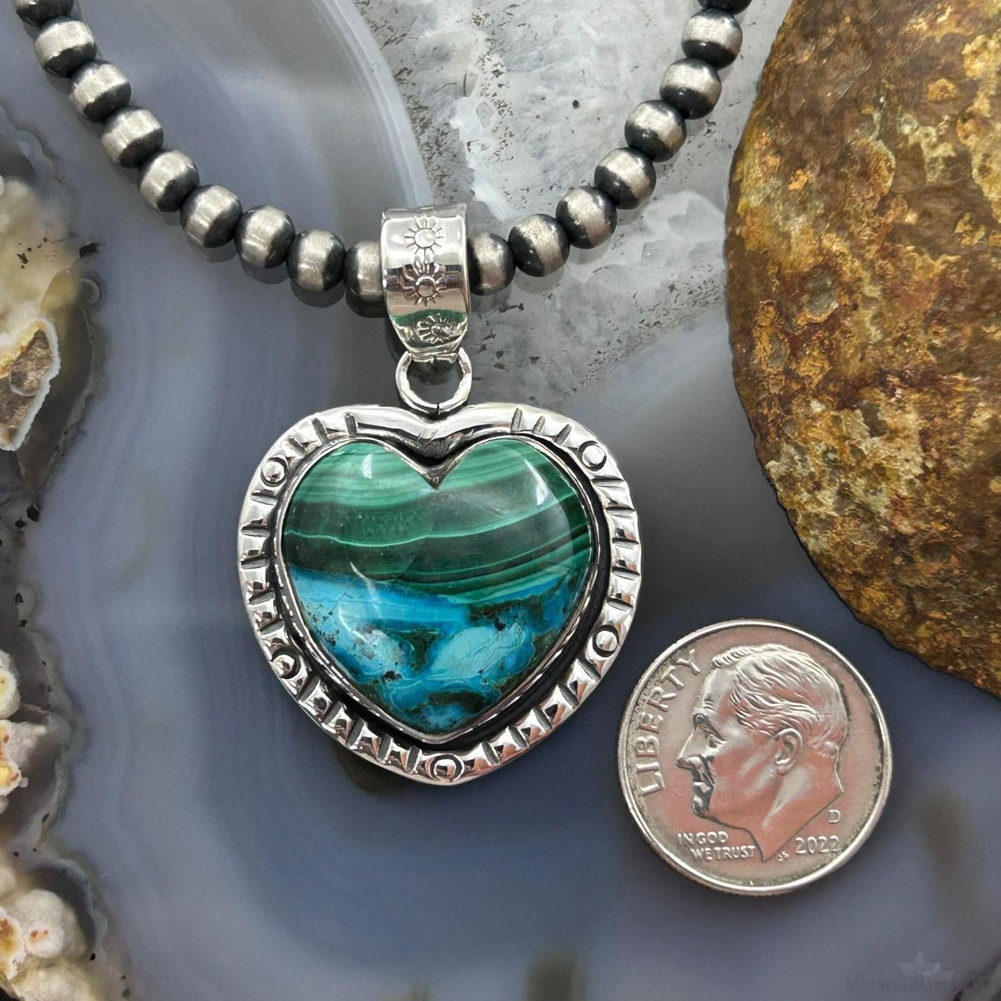 Sterling Silver Southwestern Style Azurite Malachite Heart Pendant For Women