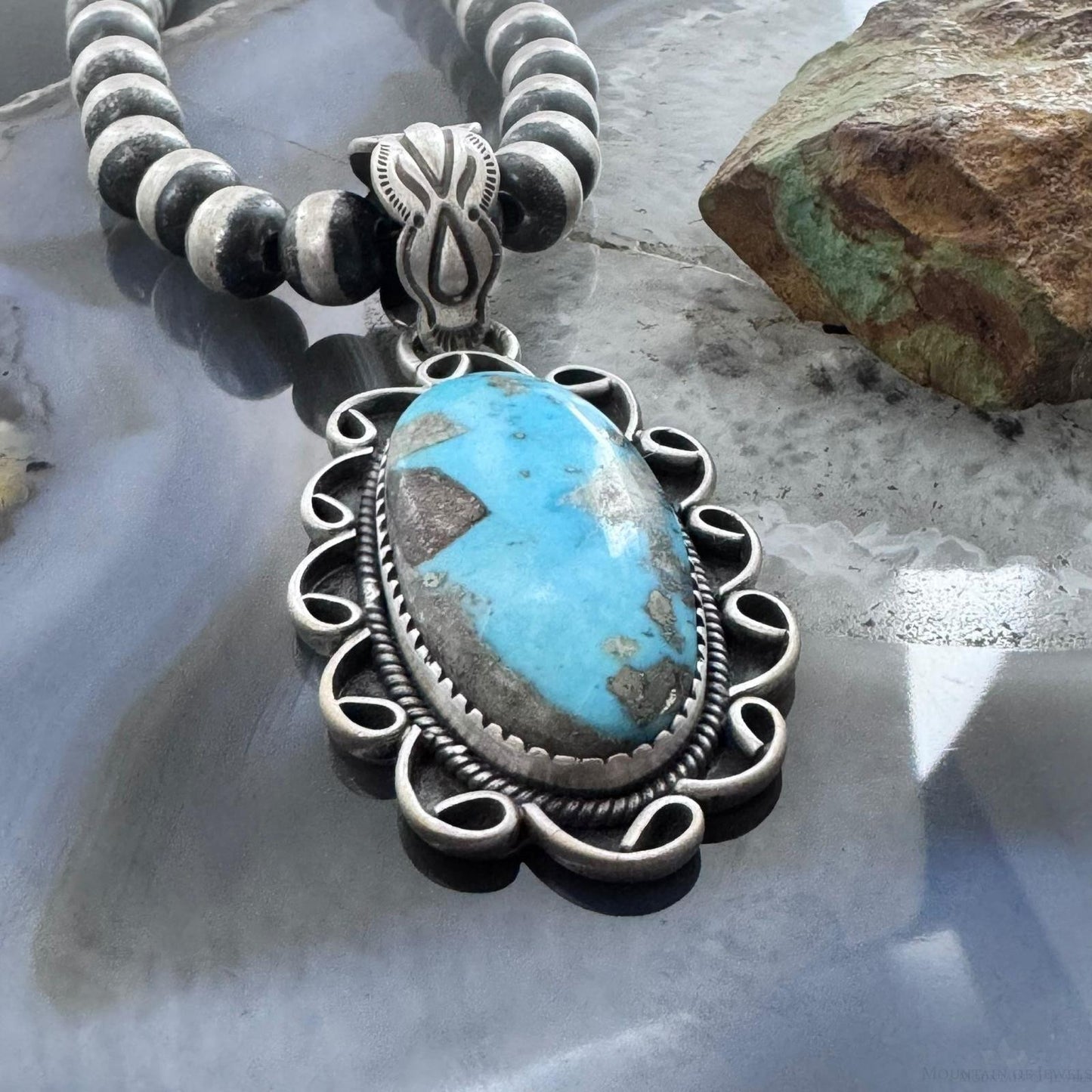 Sterling Silver Southwestern Style Elongated Oval Matrix Turquoise Pendant For Women
