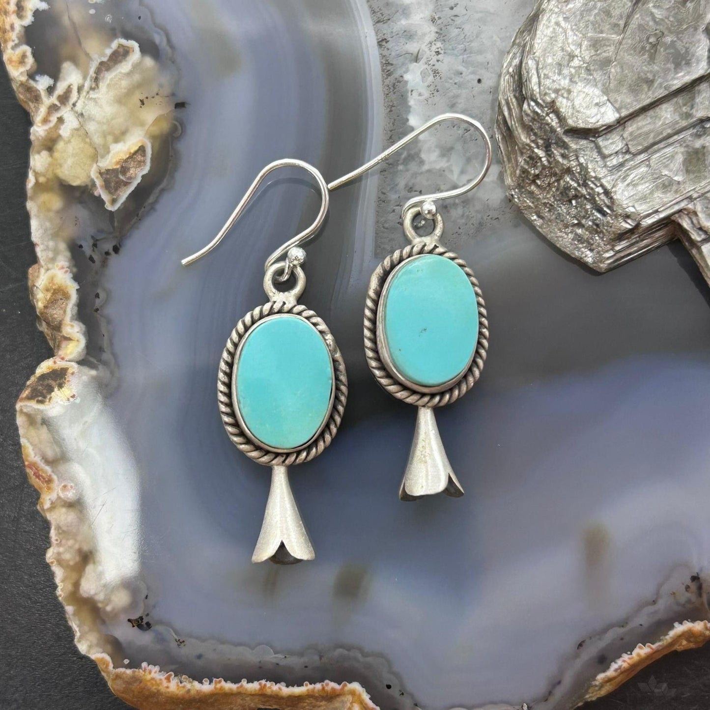 Sterling Silver Southwestern Style Turquoise Squash Blossom Dangle Earrings For Women #1