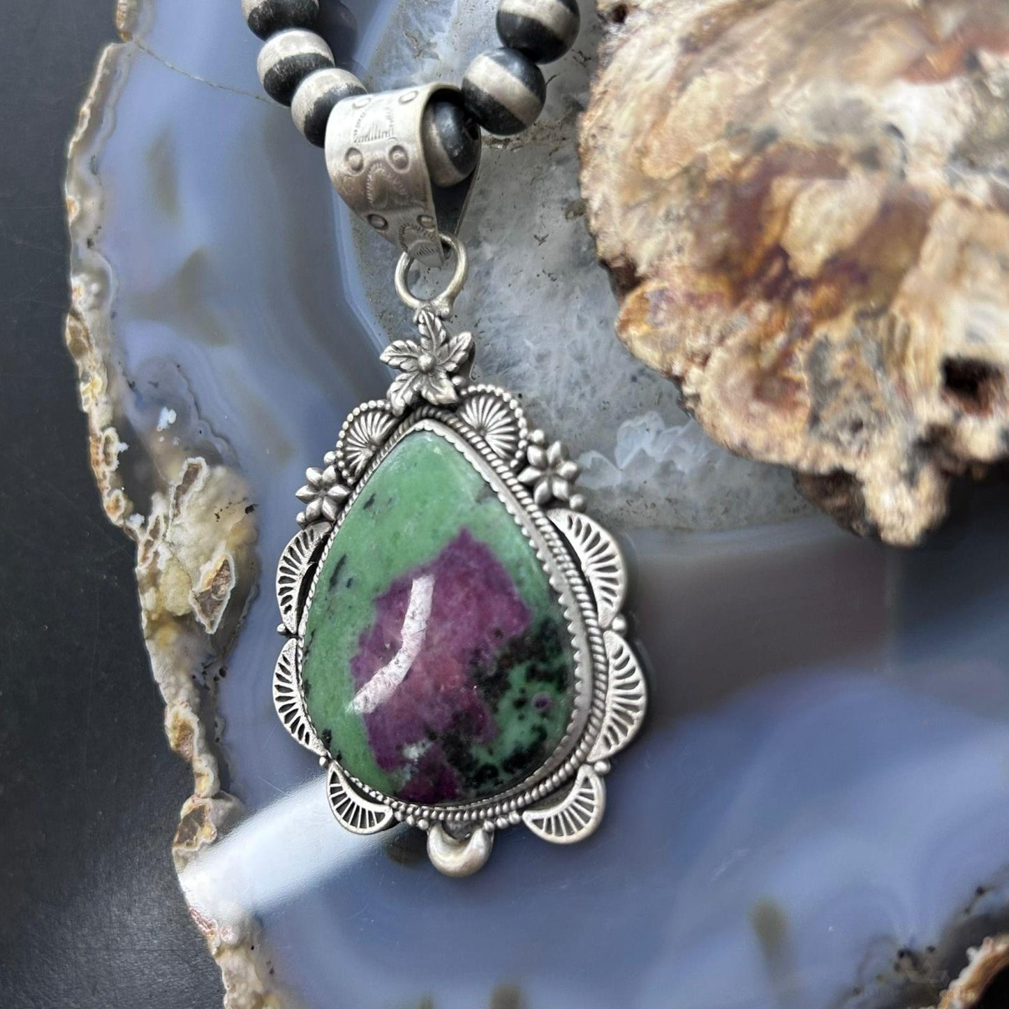 Sterling Silver Southwestern Style Teardrop Ruby Zoisite Pendant For Women