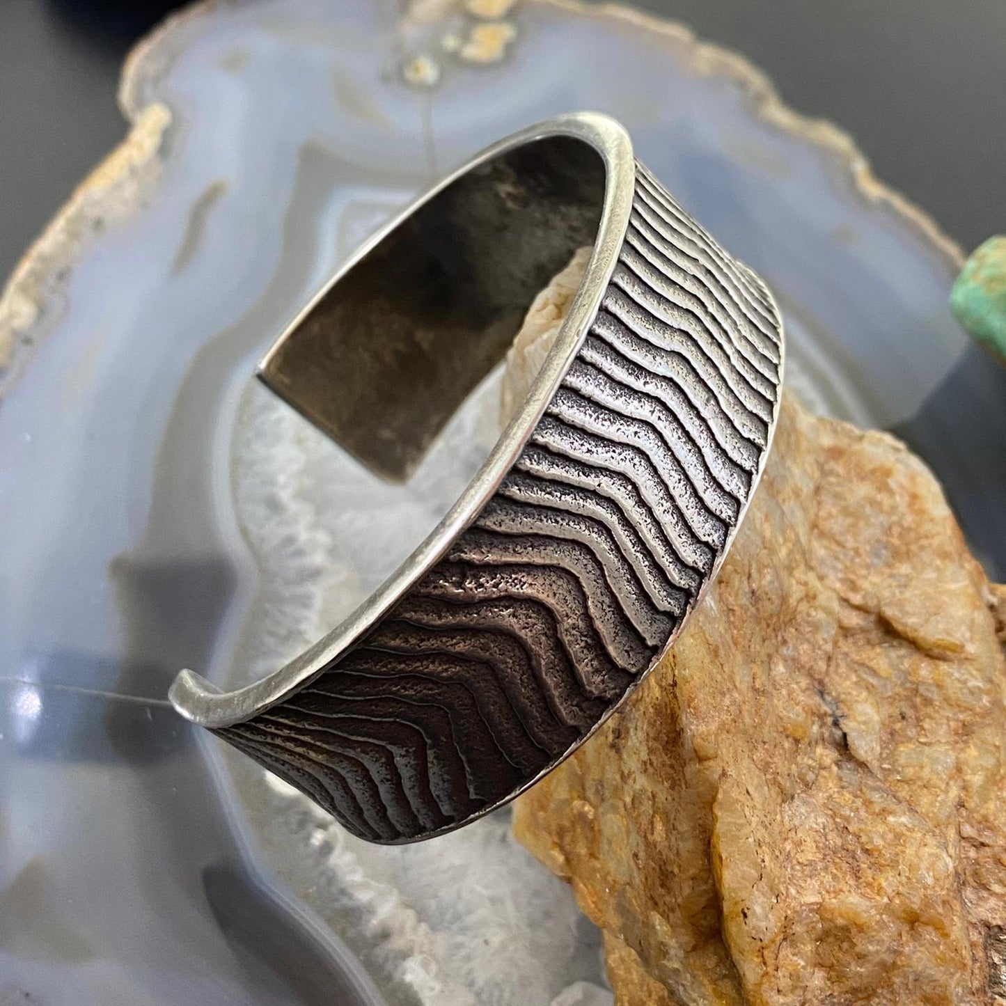 Signed Native American Sterling Silver Heavy Gauge Striped Bracelet For Women