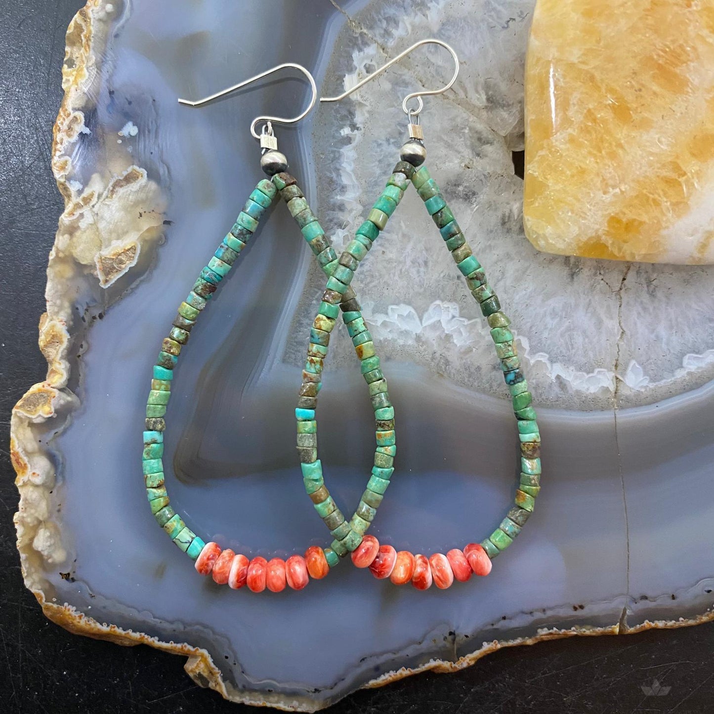 Sterling Silver Turquoise Beads 3 mm & Spiny Oyster Hoop Earrings For Women