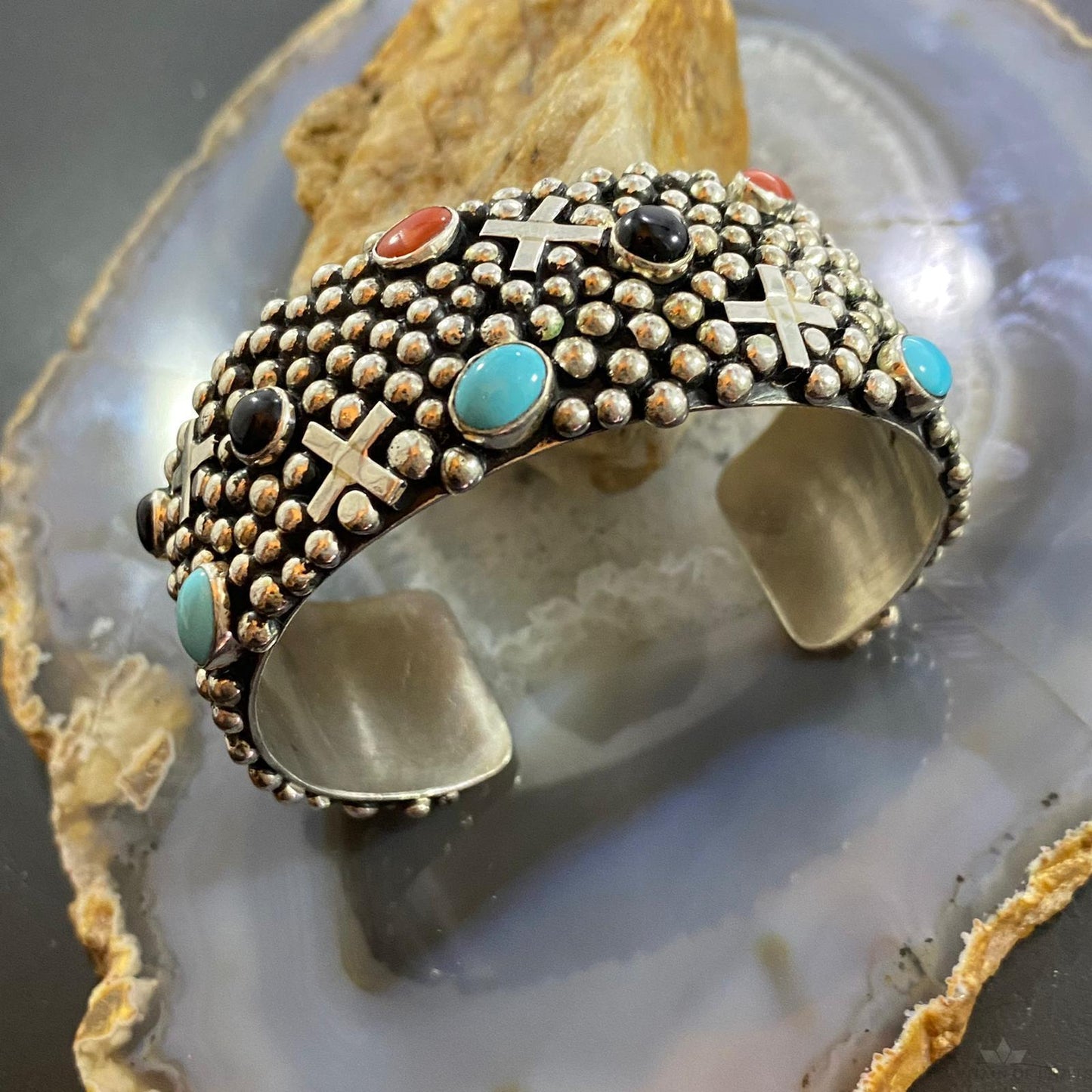Gabby Jurado Sterling Silver Turquoise, Coral, Onyx Crosses Bracelet For Women