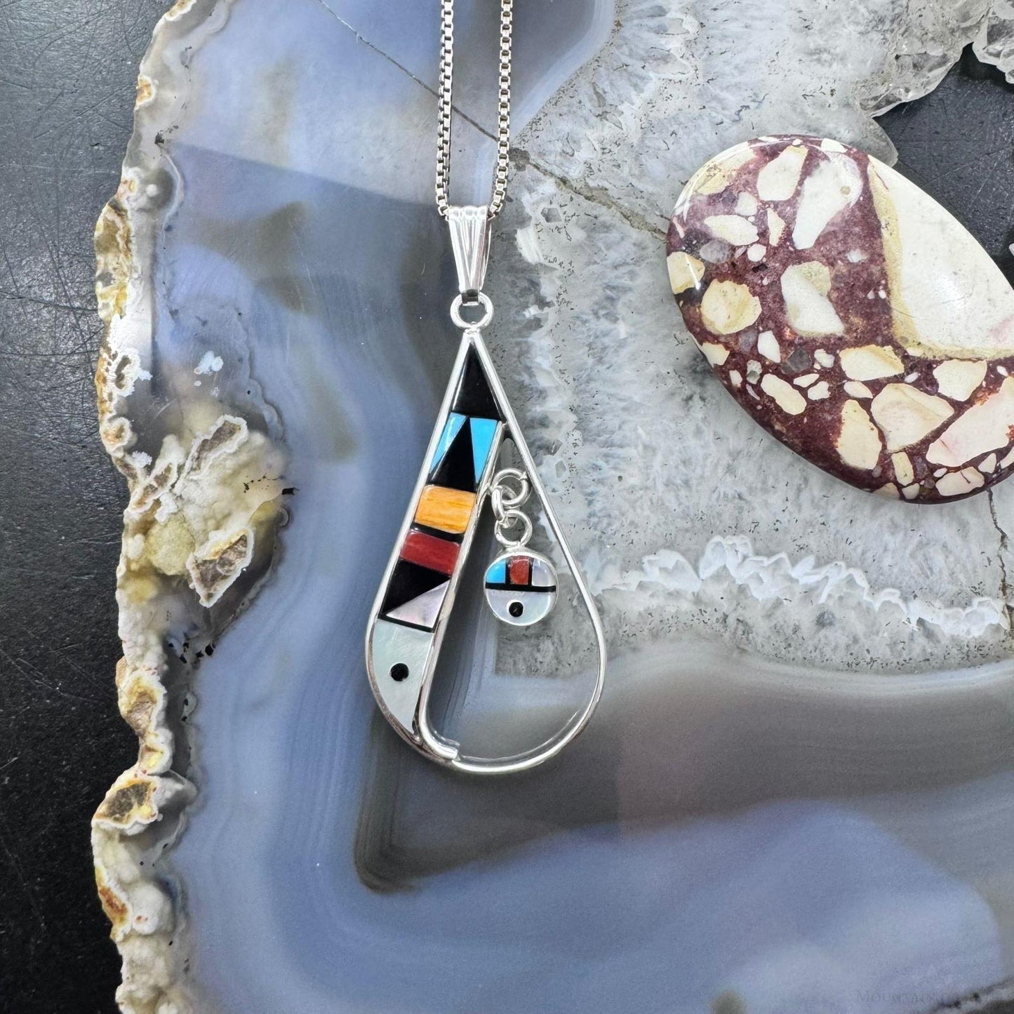 Sheryl Edaakie Zuni Sterling Silver Multistone Inlay Teardrop Pendant For Women #3