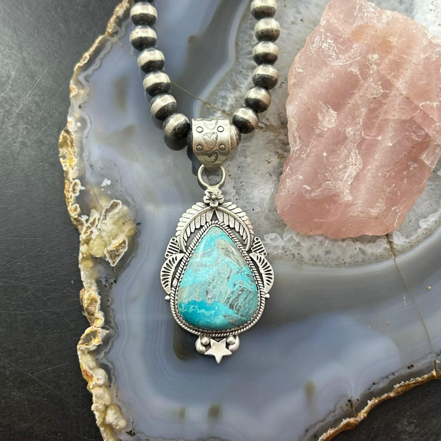 Sterling Silver Southwestern Style Teardrop Turquoise Decorated Pendant For Women