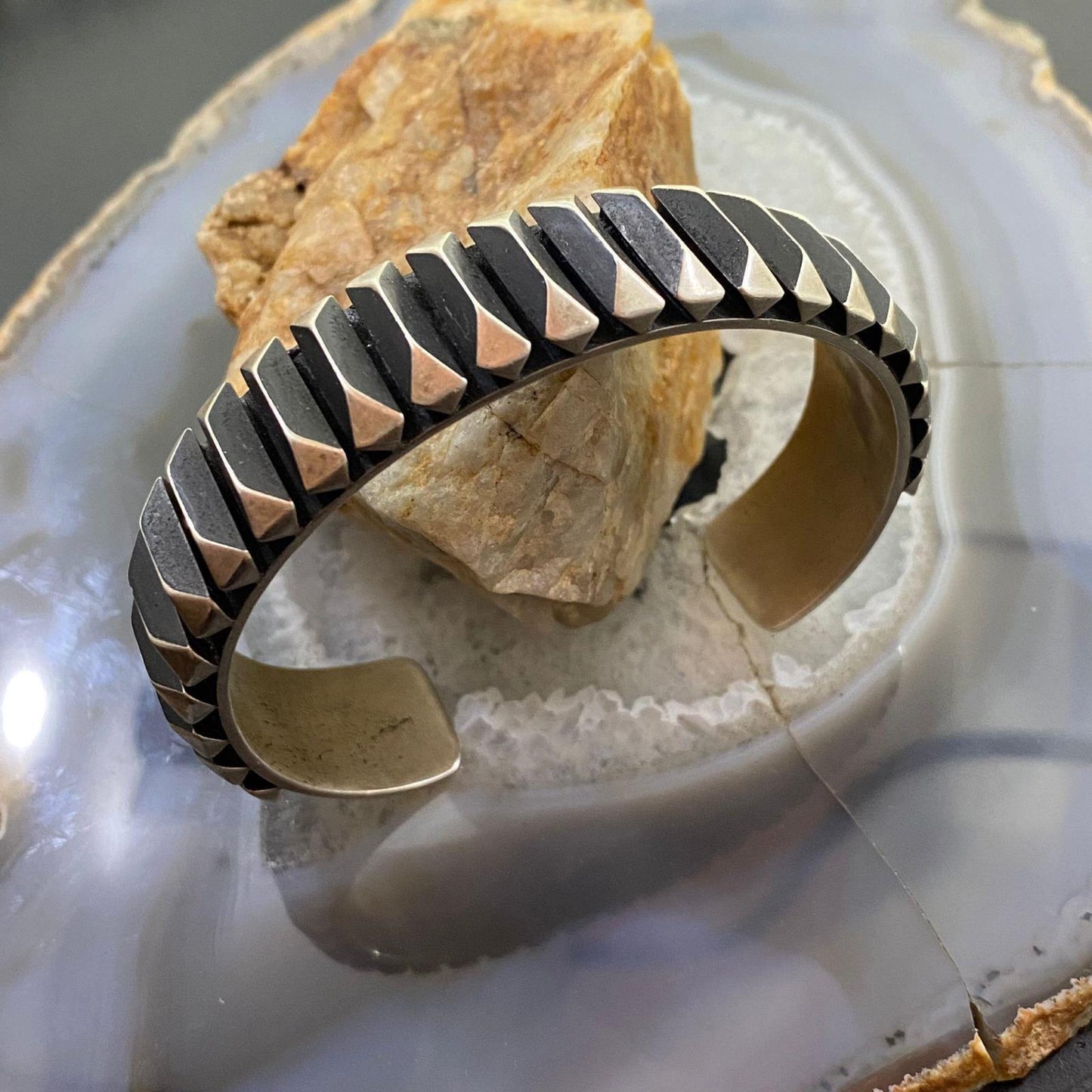 Leander Tahe Native American Sterling Heavy Geometric Bracelet For Men
