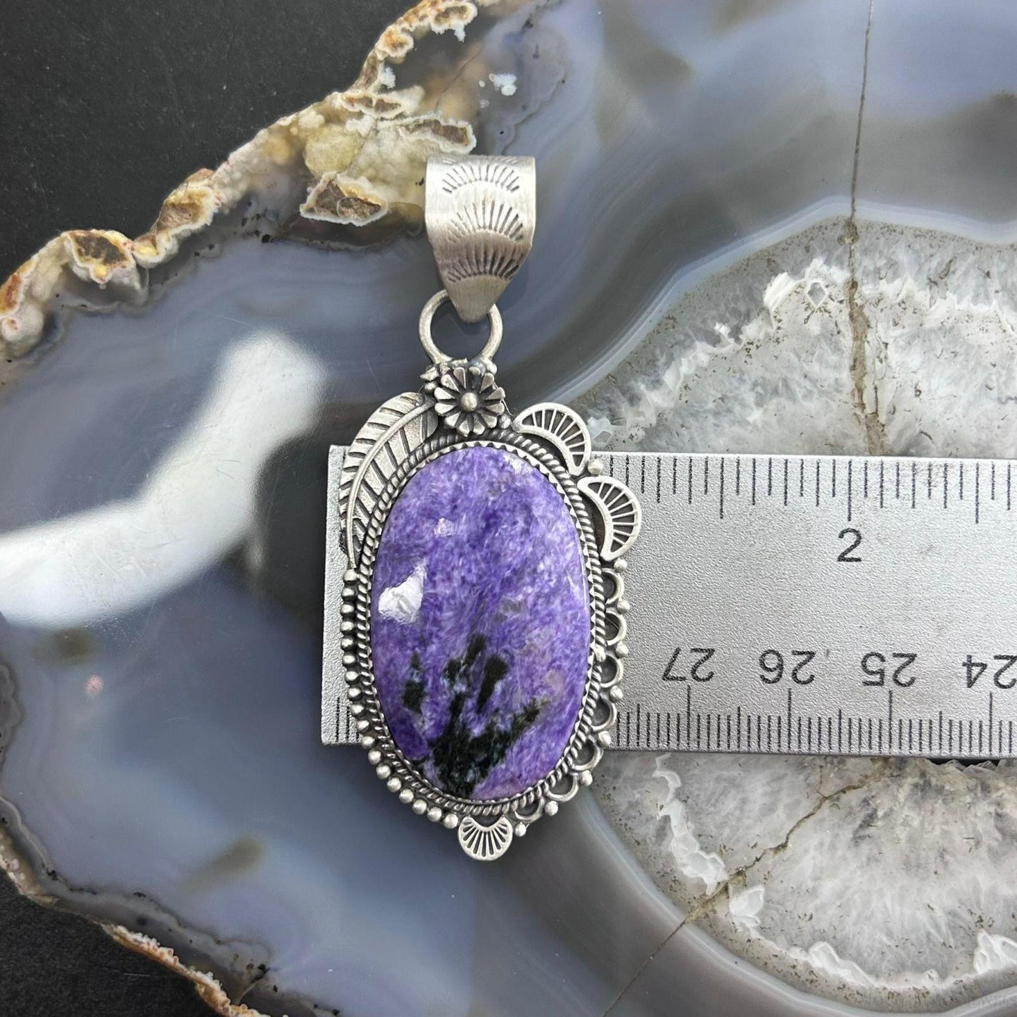 Sterling Silver Southwestern Style Oval Charoite Leaf Decorated Pendant For Women