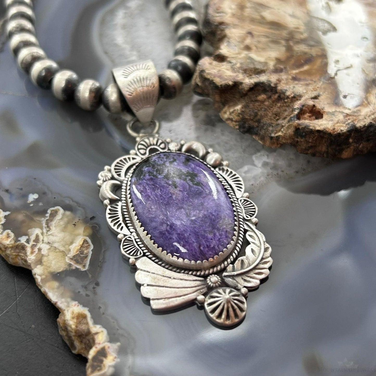 Sterling Silver Southwestern Style Oval Charoite Decorated Pendant For Women