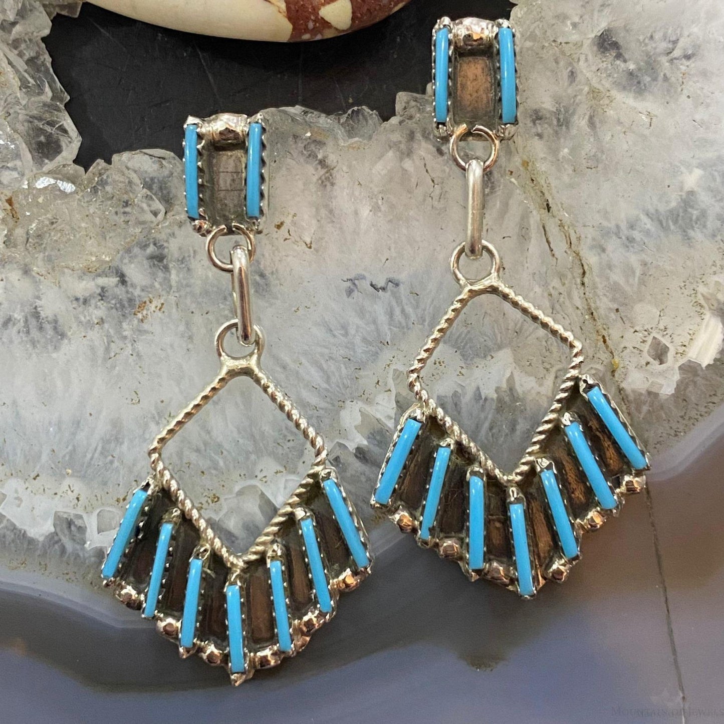Davis Kaamasee Zuni Sterling Turquoise Needlepoint Dangle Earrings For Women