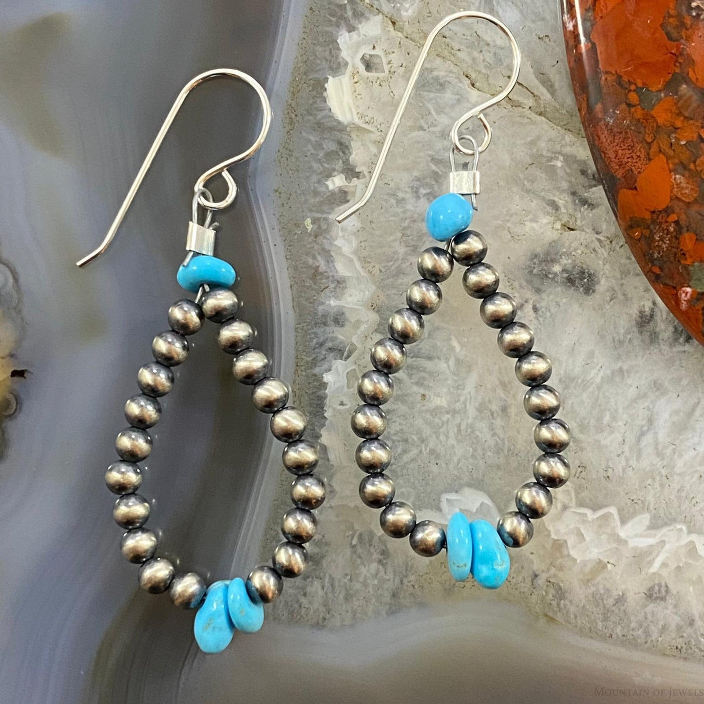 Navajo Pearl Beads 3mm & Turquoise Sterling Silver Teardrop Hoop Earrings