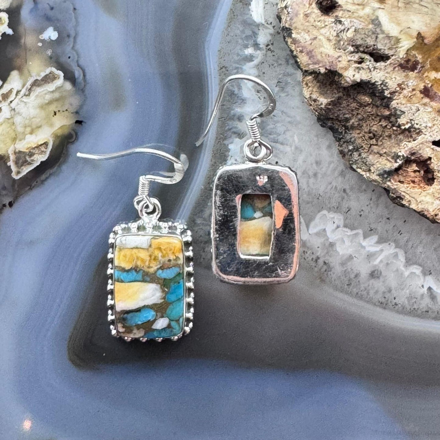 Sterling Silver Southwestern Style Rectangle Spiny Oyster Turquoise Dangle Earrings For Women