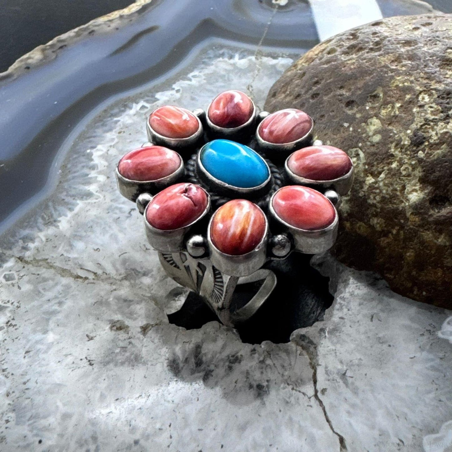 Native American Sterling Silver Turquoise &Spiny Oyster Adjustable Cluster Ring For Women