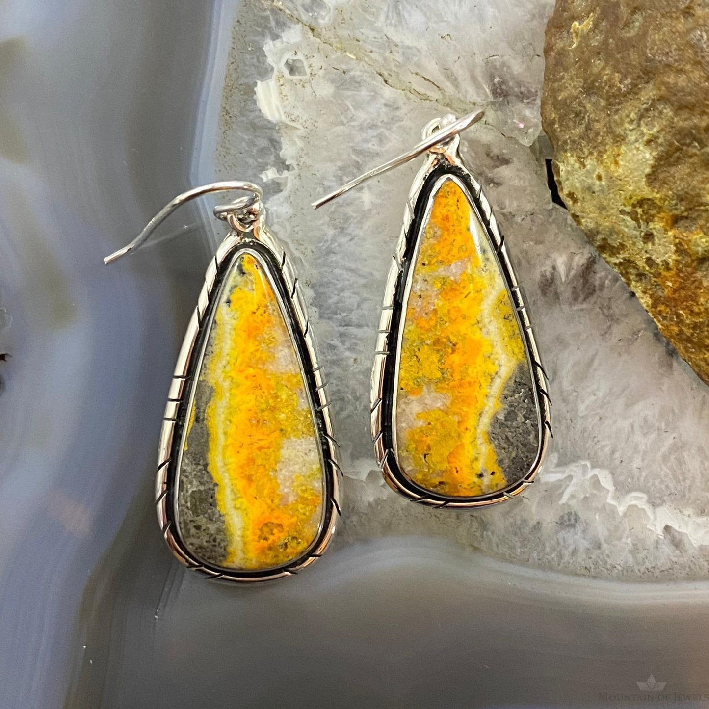 Native American Sterling Teardrop Bumblebee Jasper Dangle Earrings For Women