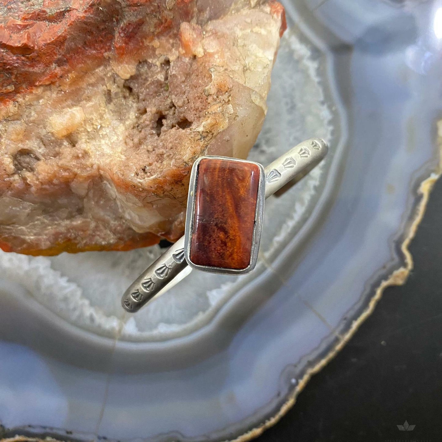 Native American Sterling Silver Rectangle Spiny Oyster Slim Bracelet For Women
