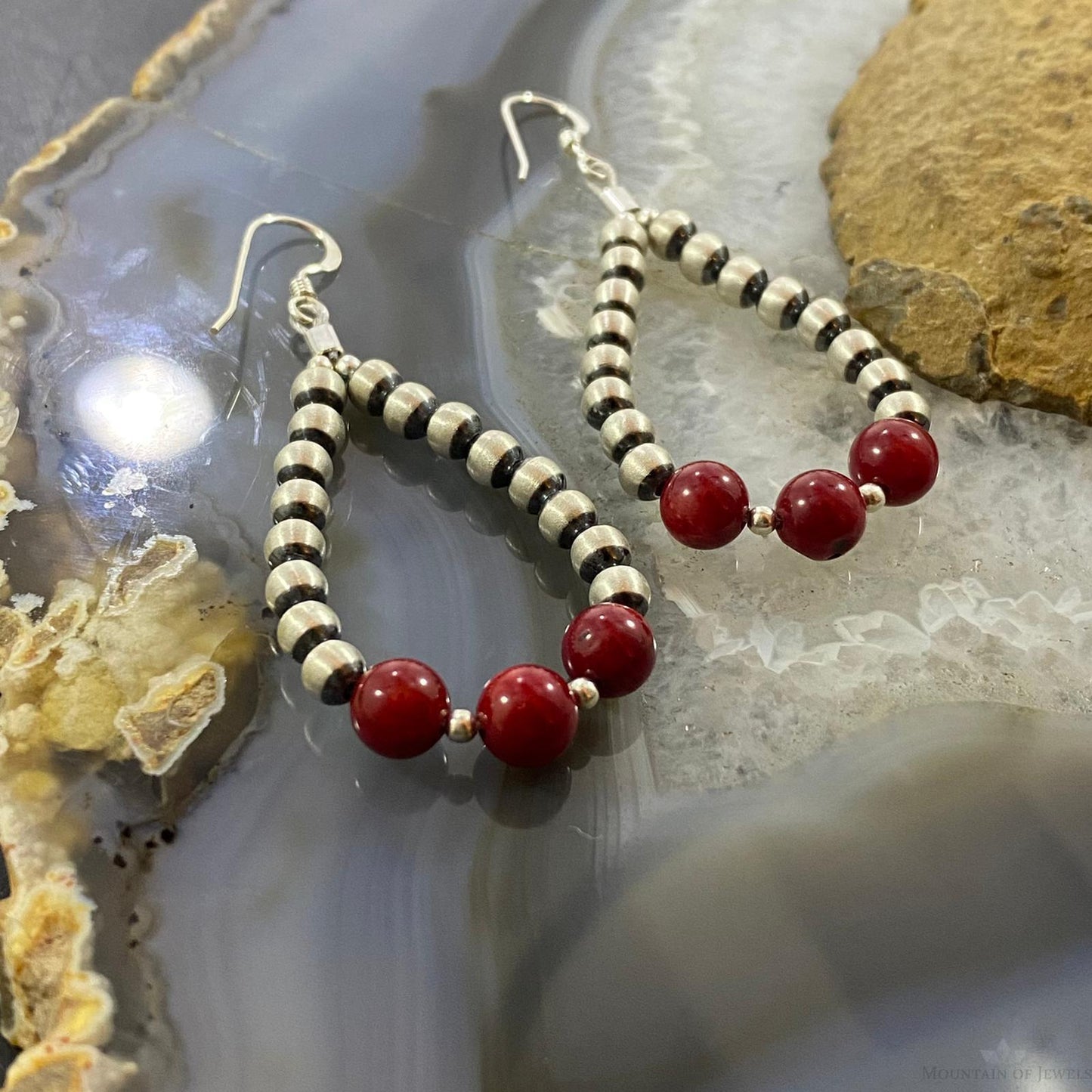 Navajo Pearl & Bamboo Coral Bead Graduated 4-6 mm Sterling Hoop Dangle Earrings