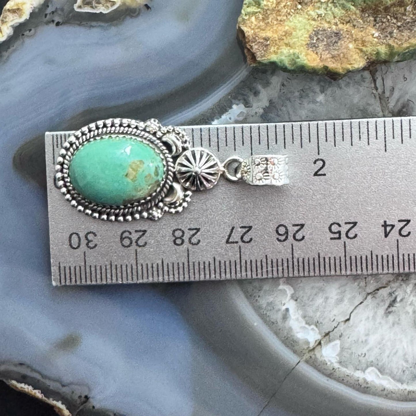 Sterling Silver Southwestern Style Oval Green Turquoise Decorated Pendant For Women