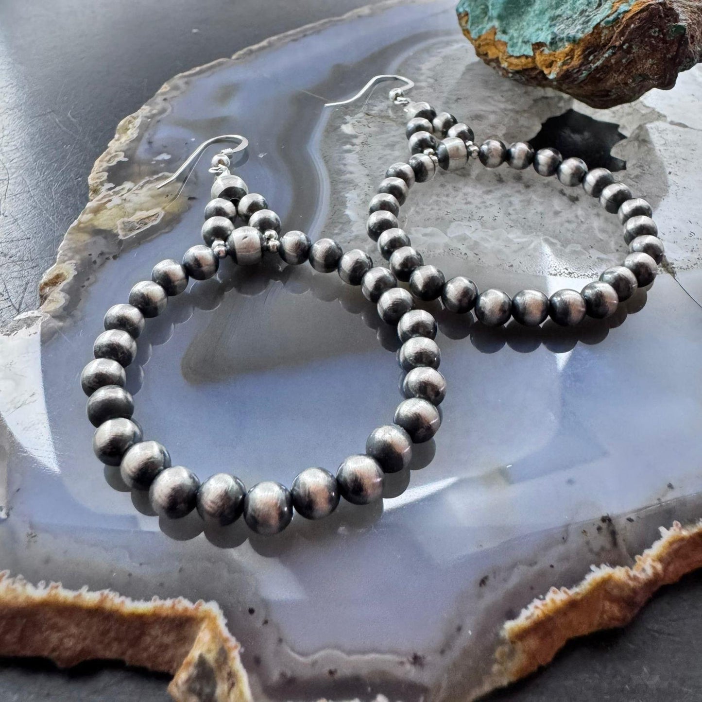 Navajo Pearl Bead 4 mm Sterling Silver Hoop Dangle Earrings For Women