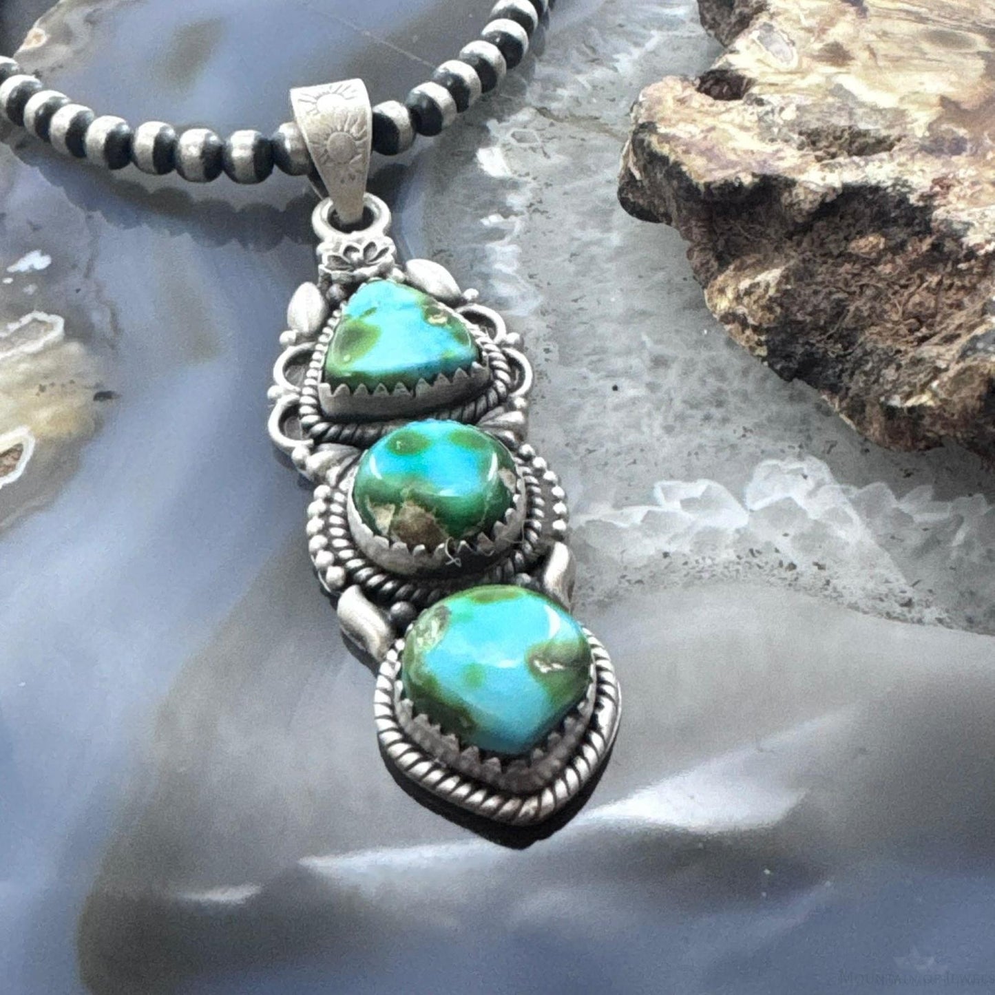 Sterling Silver Southwestern Style 3 Sonora Gold Turquoise Decorated Pendant For Women