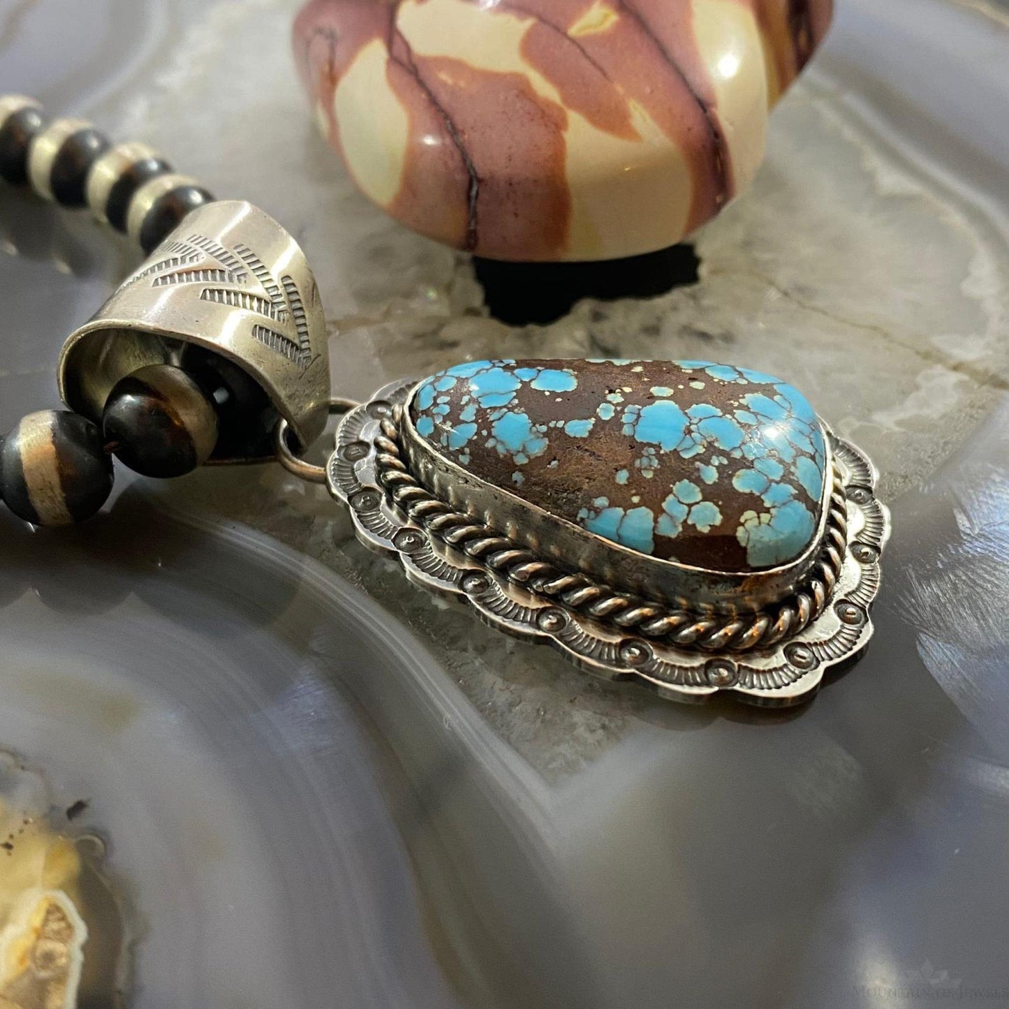 Gilbert Platero Sterling Teardrop Kingman Spiderweb Turquoise Decorated Pendant