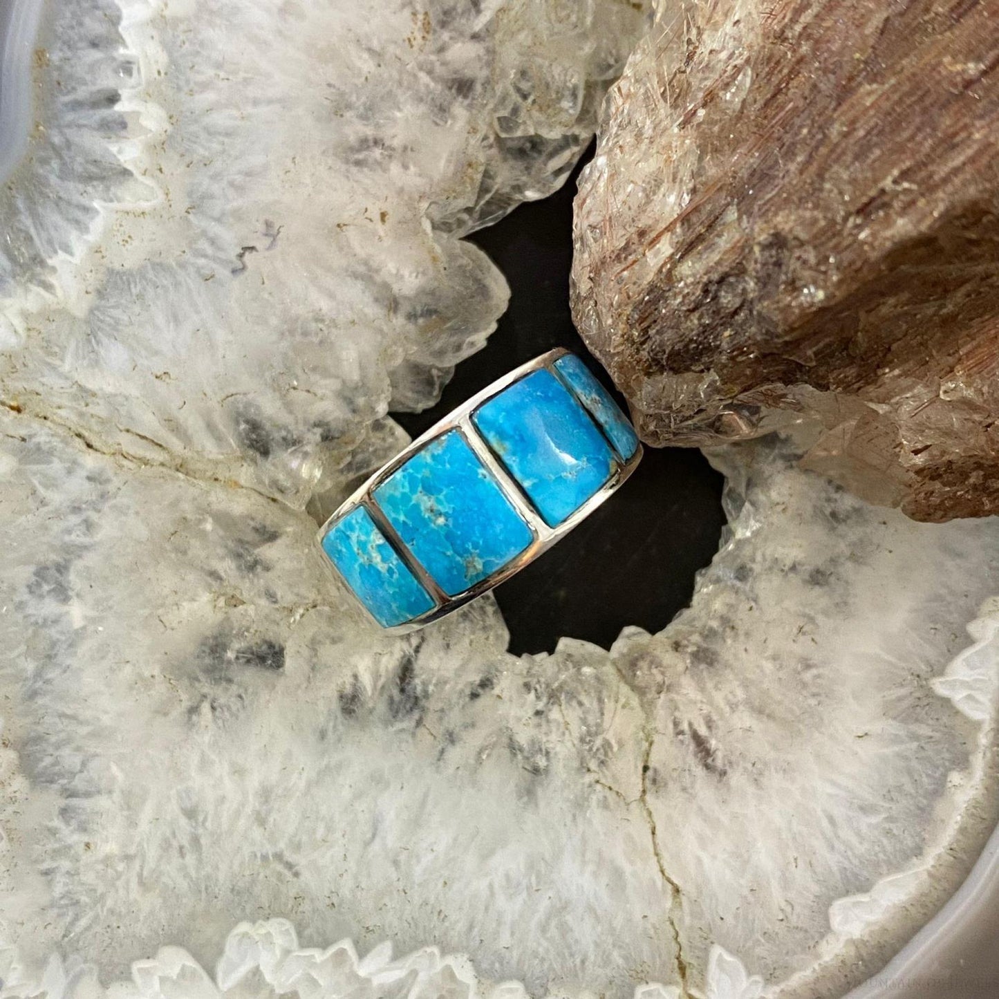 Native American Sterling Silver Blue Ridge Turquoise Graduated Band Ring Size 7