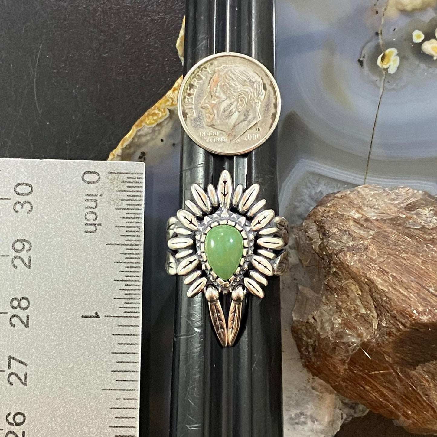 Carolyn Pollack Southwestern Style Sterling Silver Green Turquoise Chief Feather Headdress Ring For Women