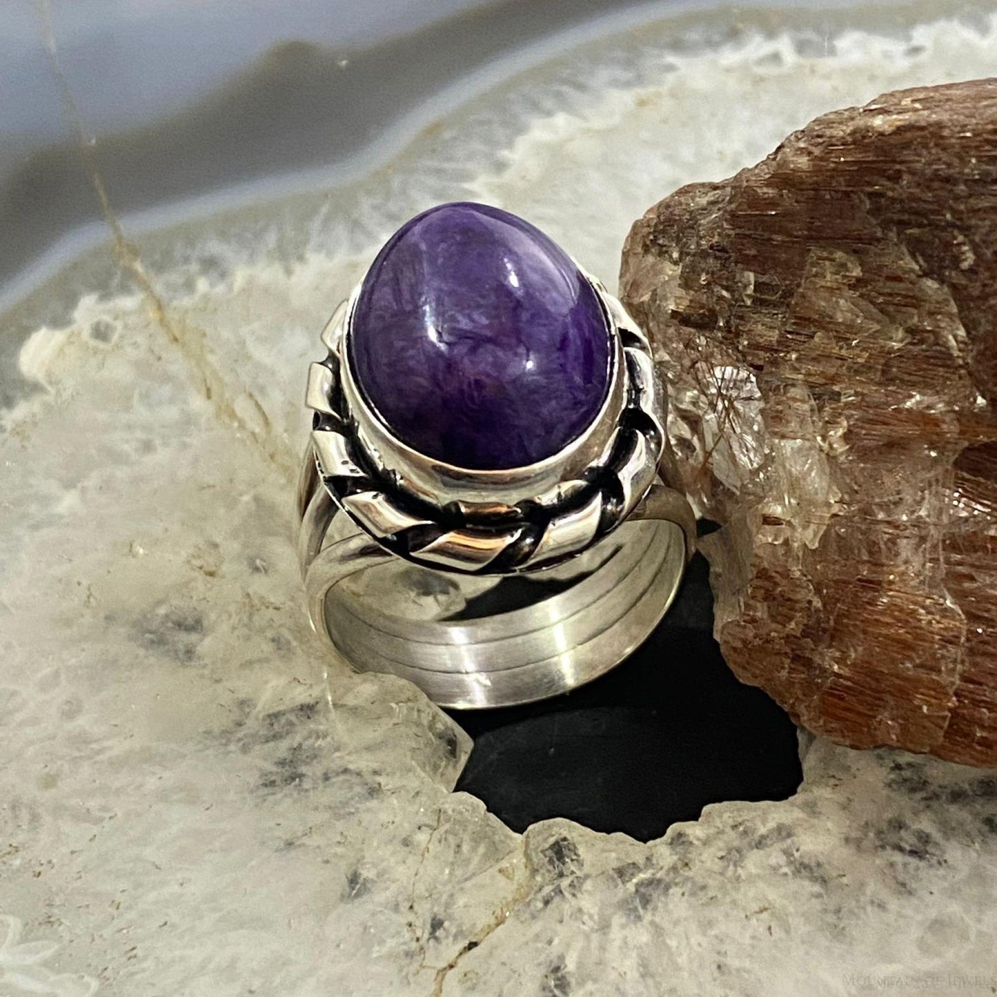 Native American Sterling Silver Oval Charoite Decorated Ring Size 8.5 For Women