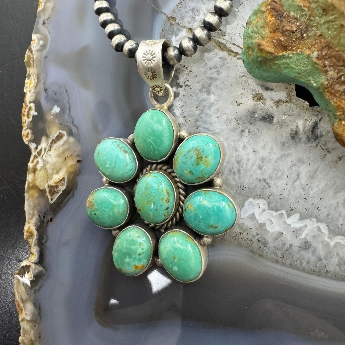Sterling Silver Southwestern Style Turquoise Cluster Flower Pendant For Women