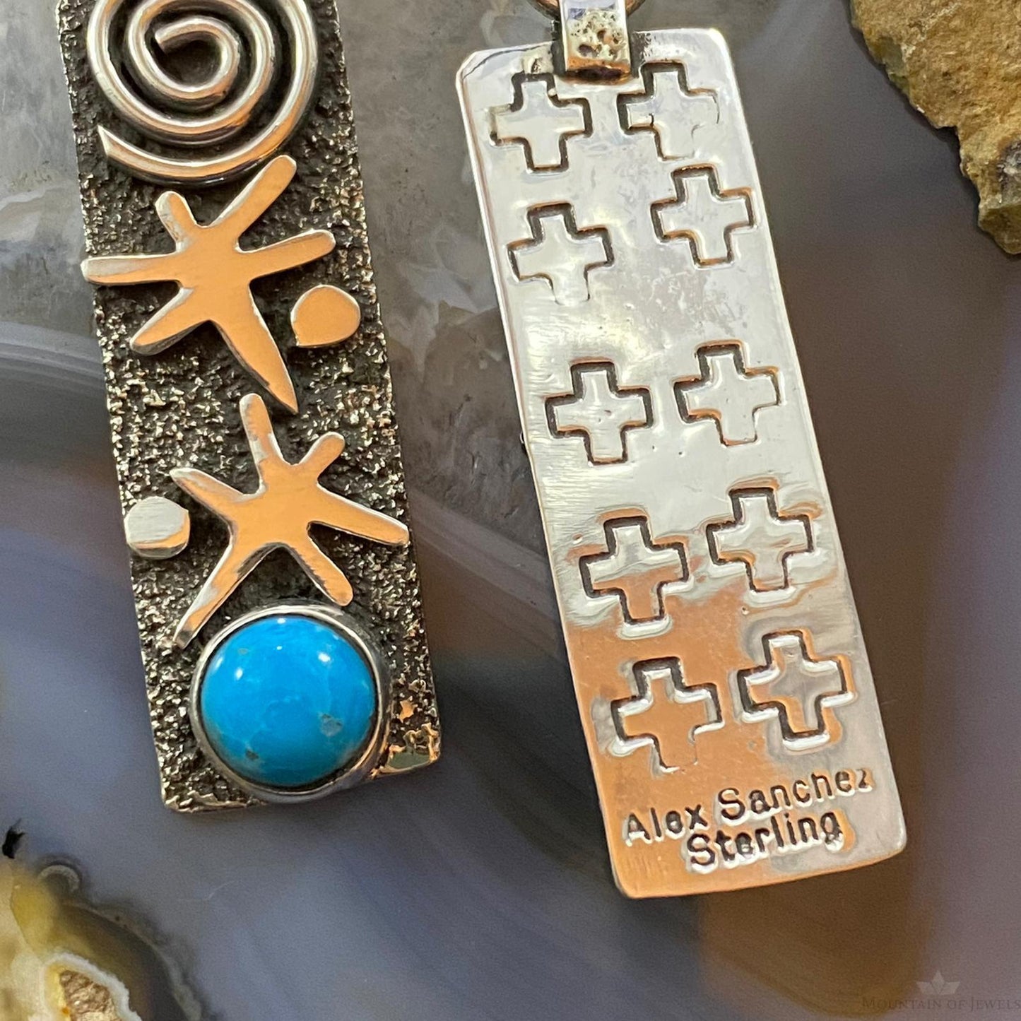 Alex Sanchez Native American Sterling Silver Turquoise Petroglyph Earrings
