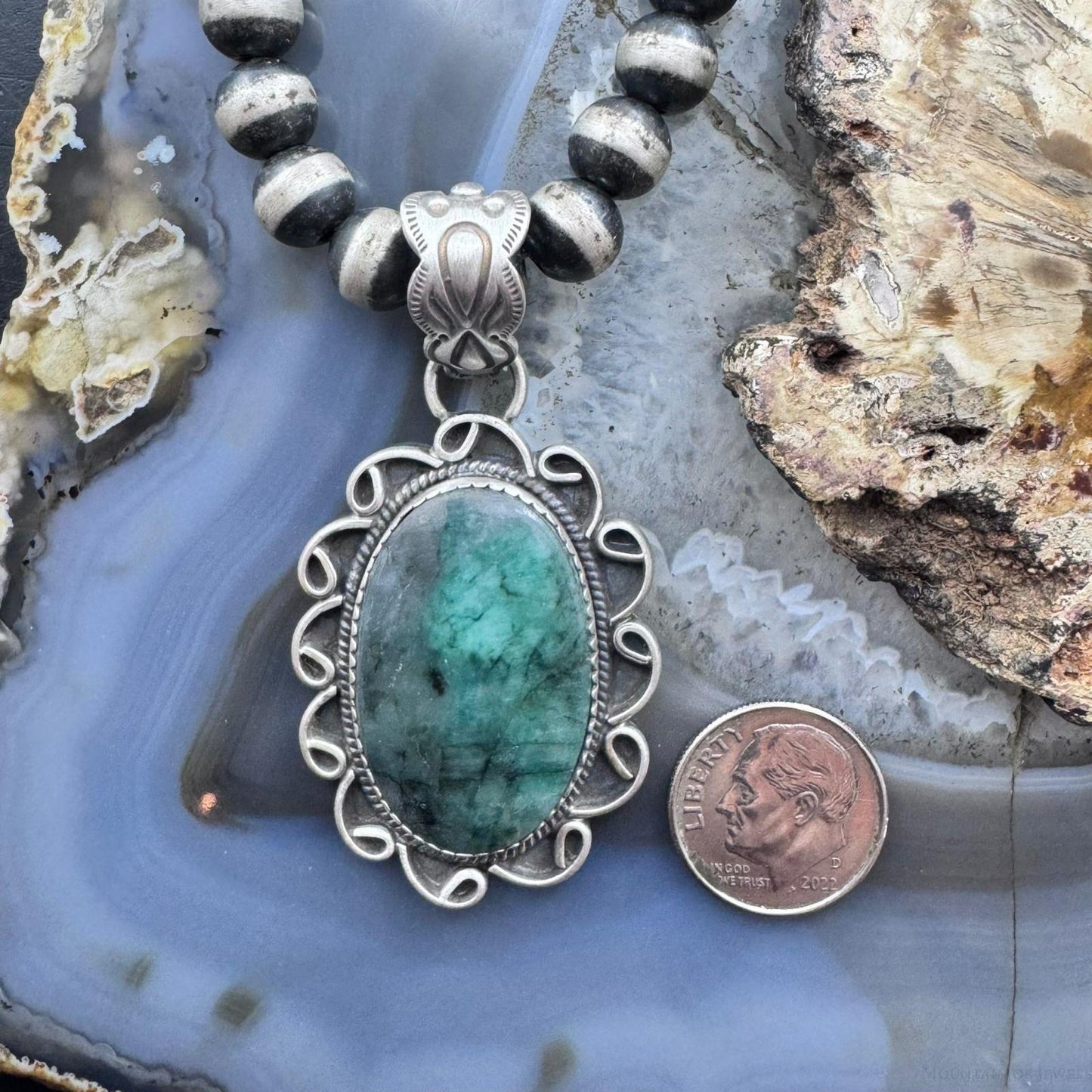 Sterling Silver Southwestern Style Oval Emerald Decorated Pendant For Women