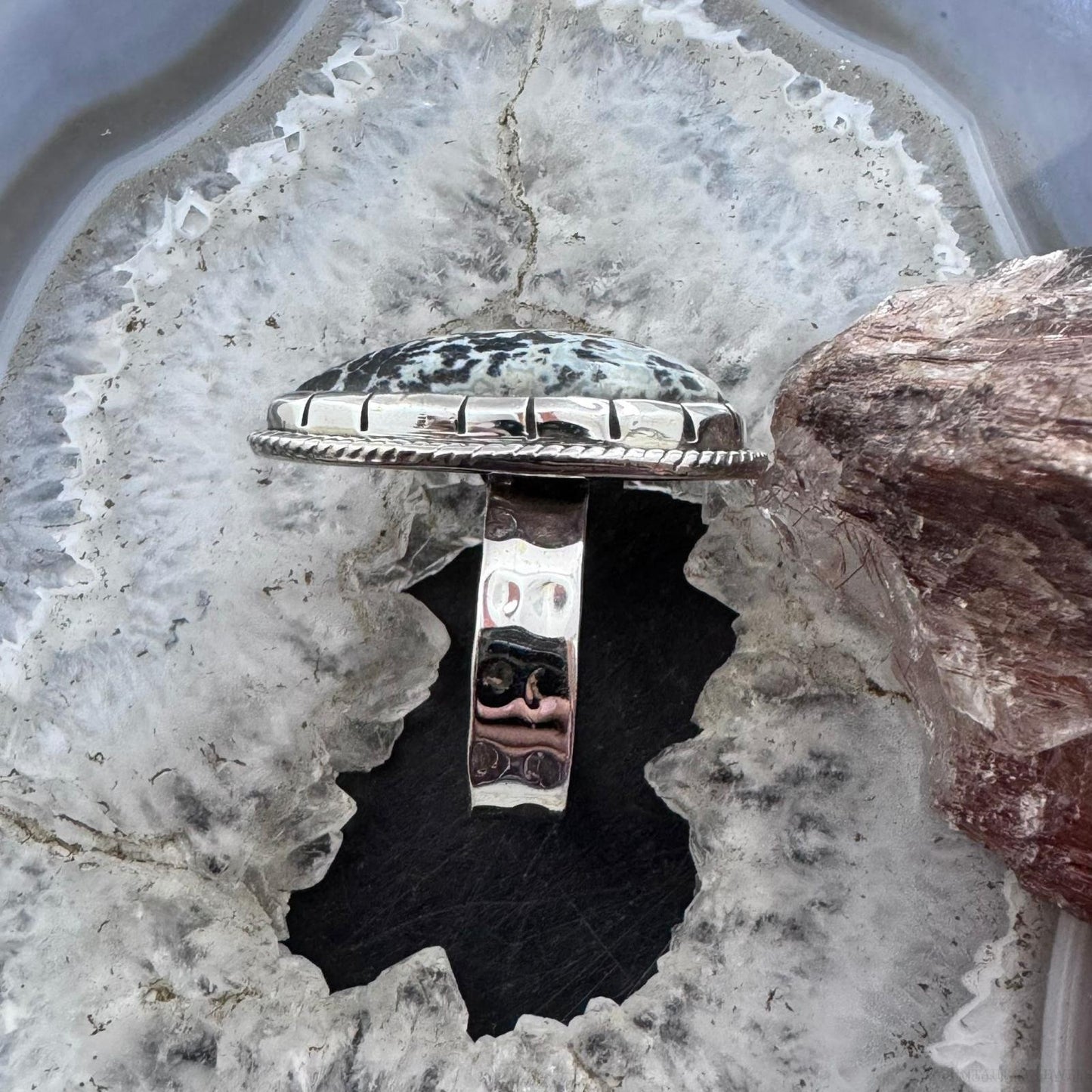 Sterling Silver Southwestern Style Teardrop Parral Dendritic Decorated Ring Size 10 For Women