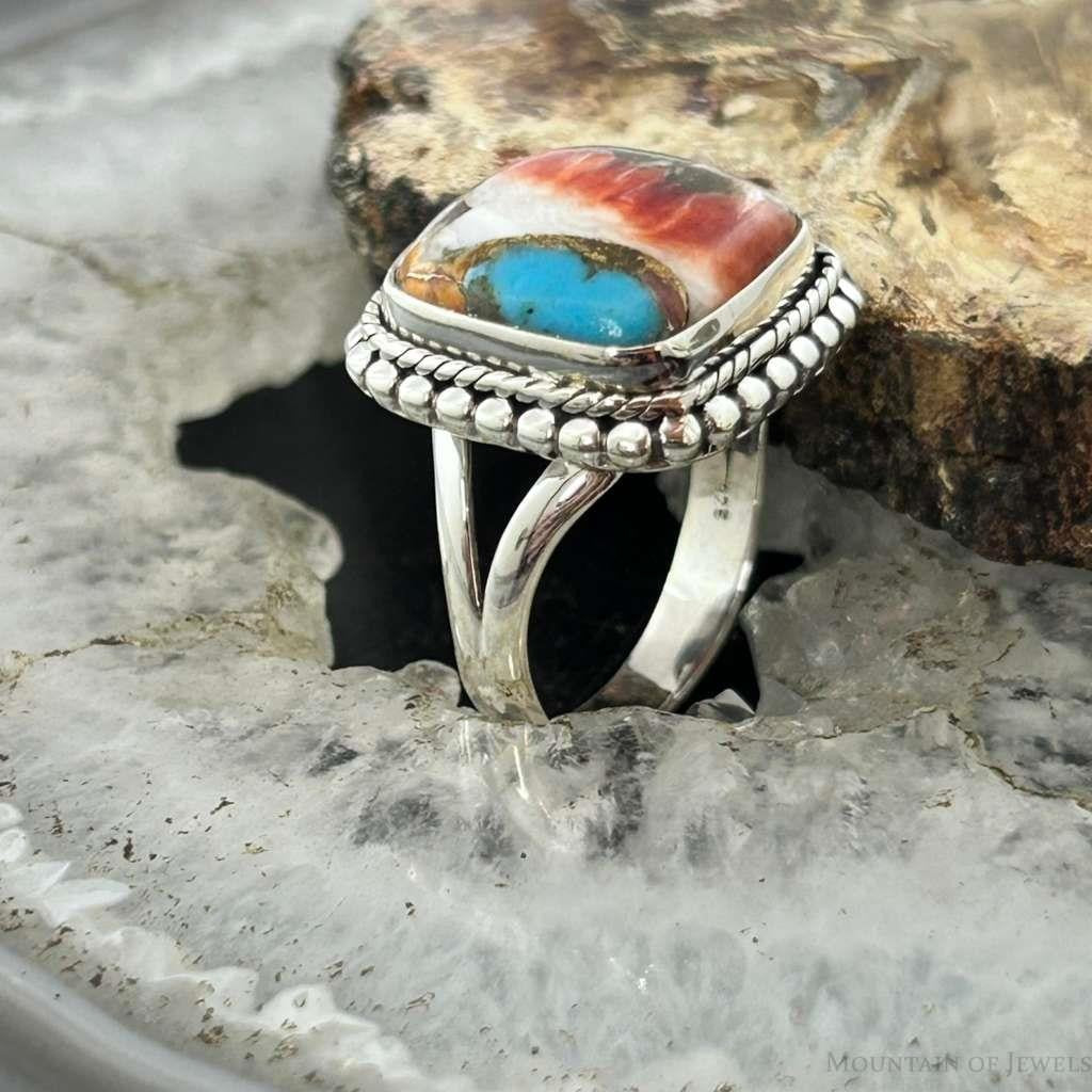 Sterling Silver Southwestern Style Square Spiny Oyster Turquoise Ring Size 6.75 For Women