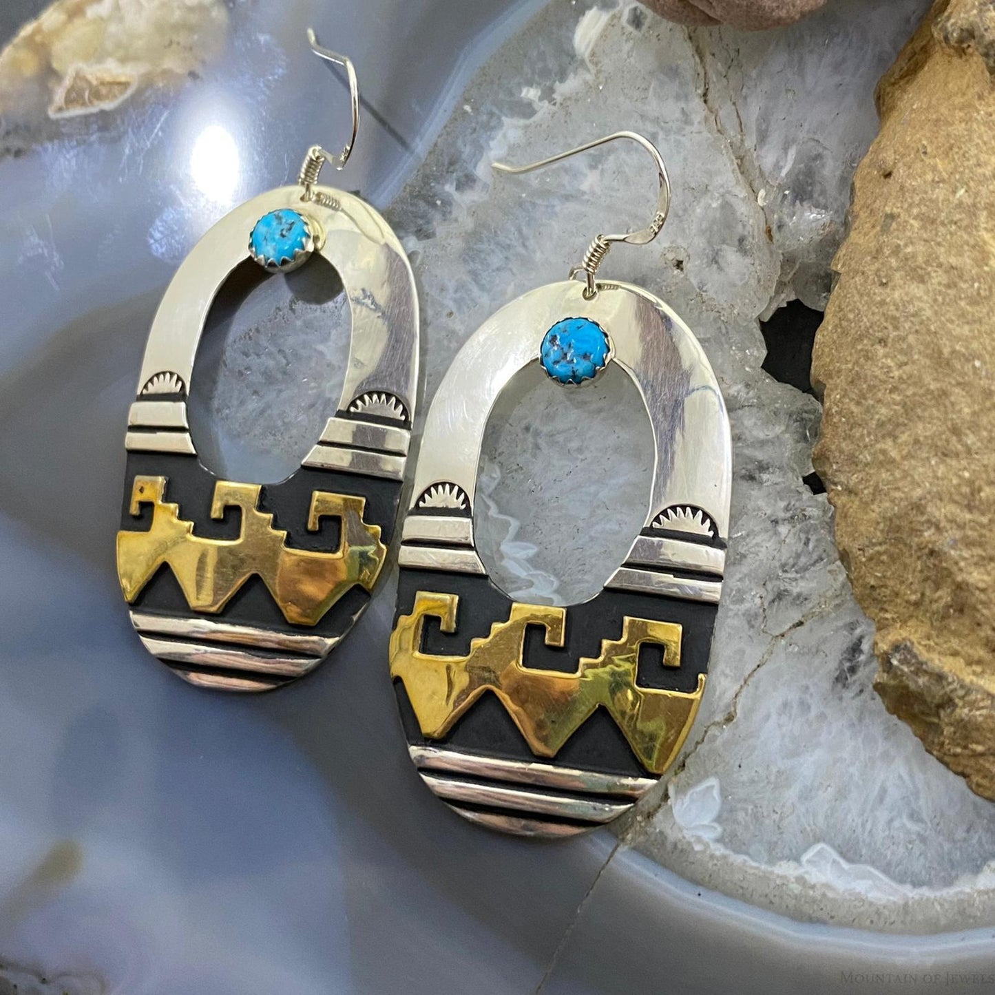 Rosita Singer Sterling Silver & GF w/Turquoise Overlay Oval Dangle Earrings