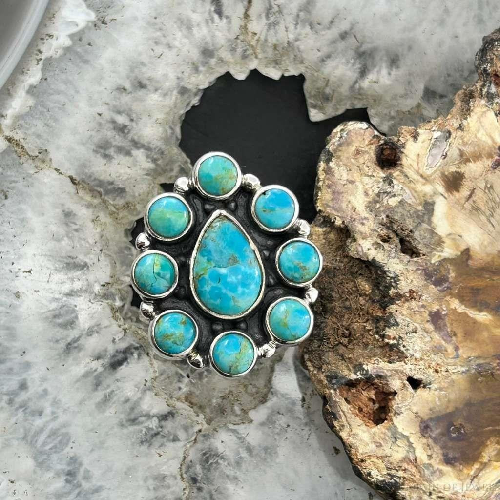 Sterling Silver Southwestern Style Mohave Turquoise Cluster Ring Size 8 For Women