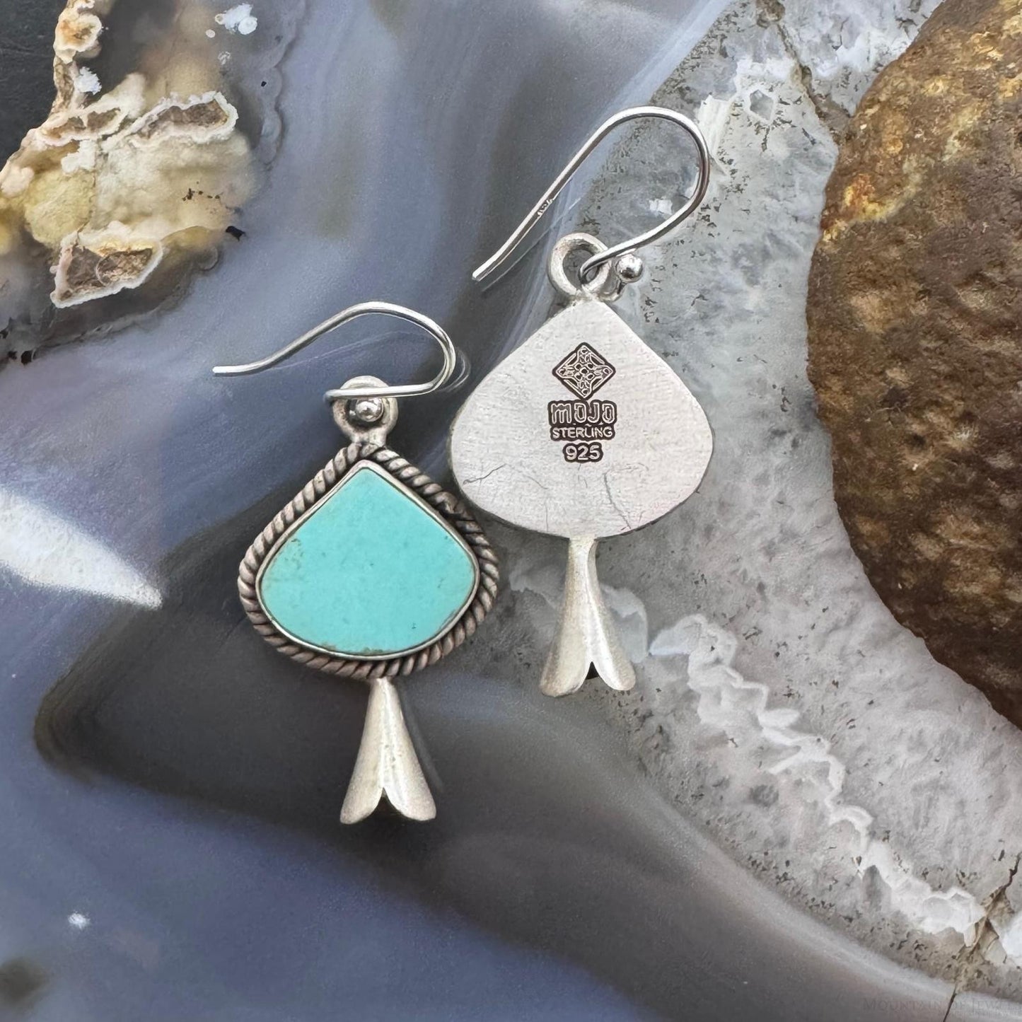 Sterling Silver Southwestern Style Turquoise Squash Blossom Dangle Earrings For Women