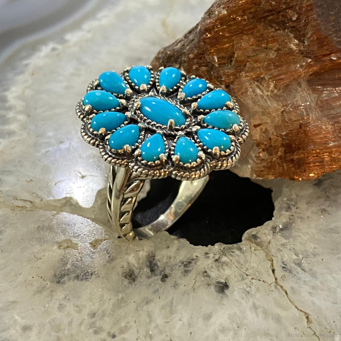 Carolyn Pollack Southwestern Style Sterling Silver Sleeping Beauty Turquoise Cluster Ring For Women