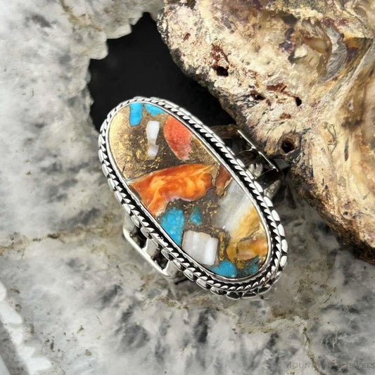 Sterling Silver Southwestern Style Oval Spiny Oyster Turquoise Ring Size 7.25 For Women