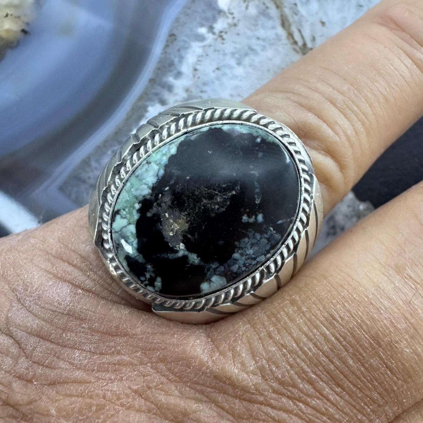 Native American Sterling Oval Black Jack Shield Ring Size 11 For Men