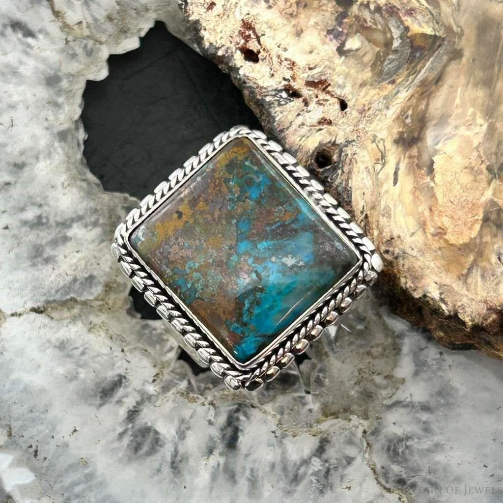 Sterling Silver Southwestern Style Chrysocolla Decorated Bar Ring Size 7.5 For Women