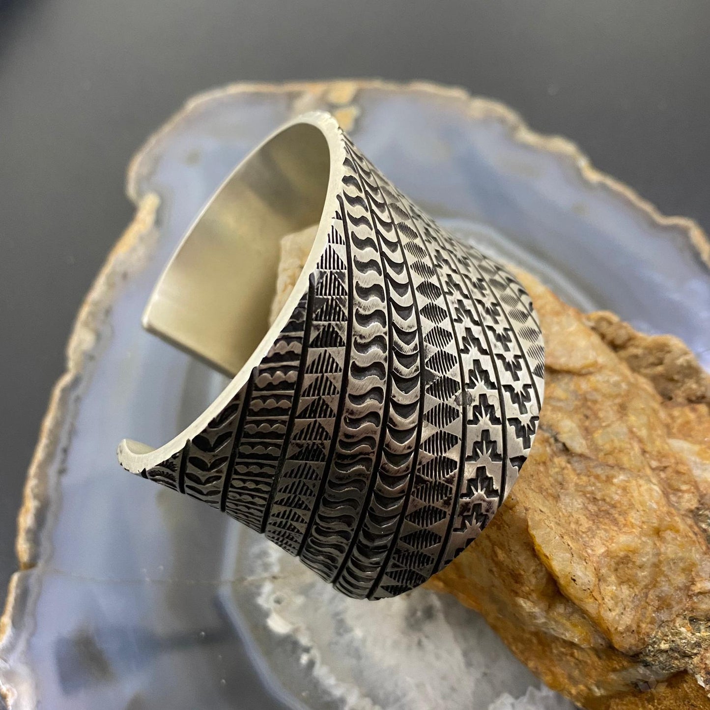 J J Otero Native American Sterling Silver Stamped Wide Heavy Gauge Bracelet